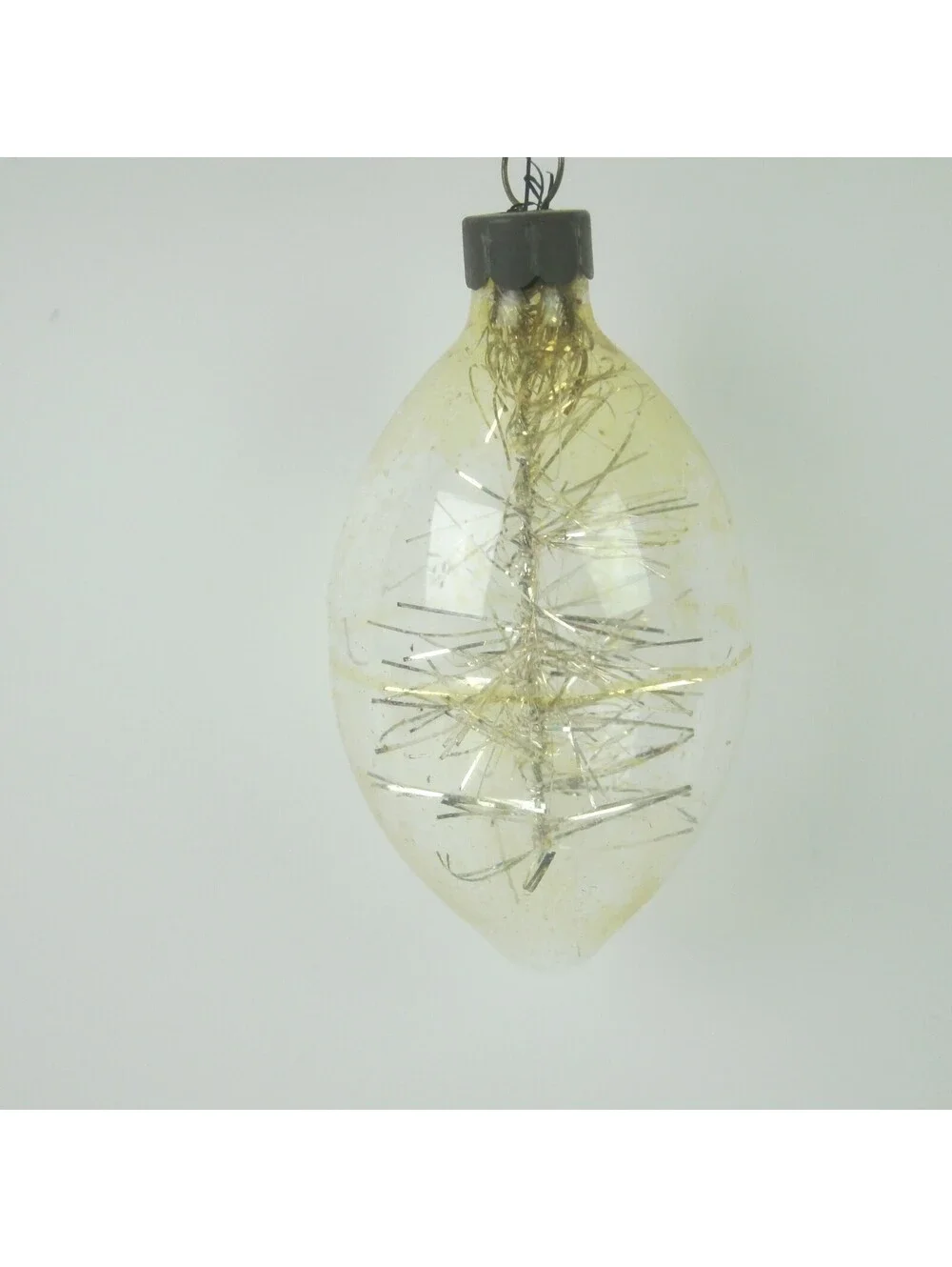Vintage Unsilvered Glass DROP Christmas Ornament Gold Tinsel Stick 2.5